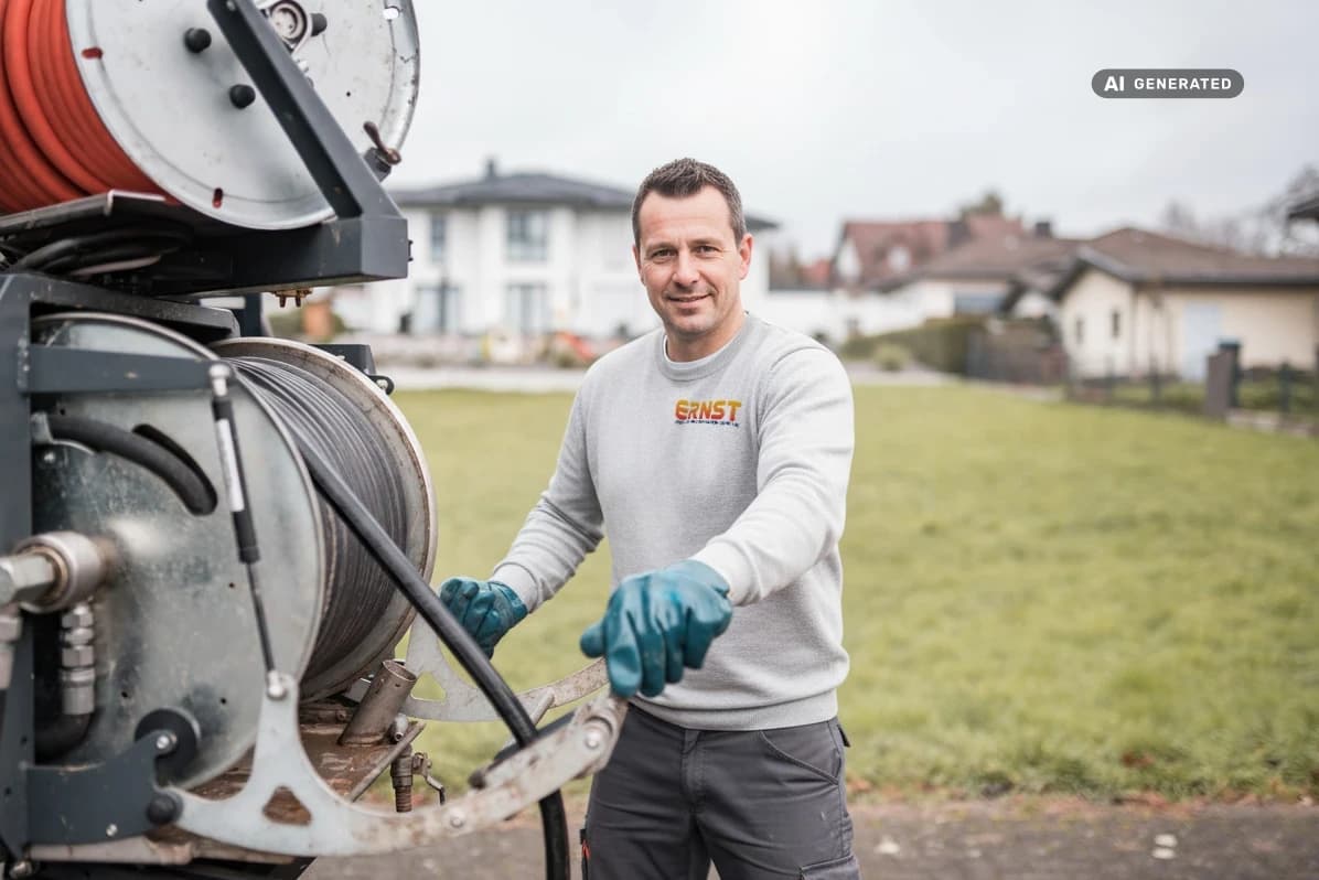 Techniker der Ernst Abfluss- und Kanalreinigung mit der Spülschlauch-Trommel
