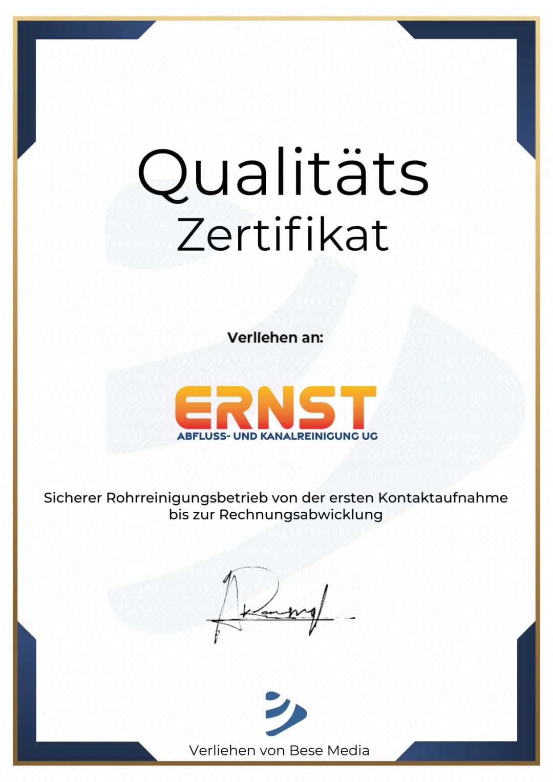 Qualitätszertifikat der Ernst Abfluss- und Kanalreinigung UG