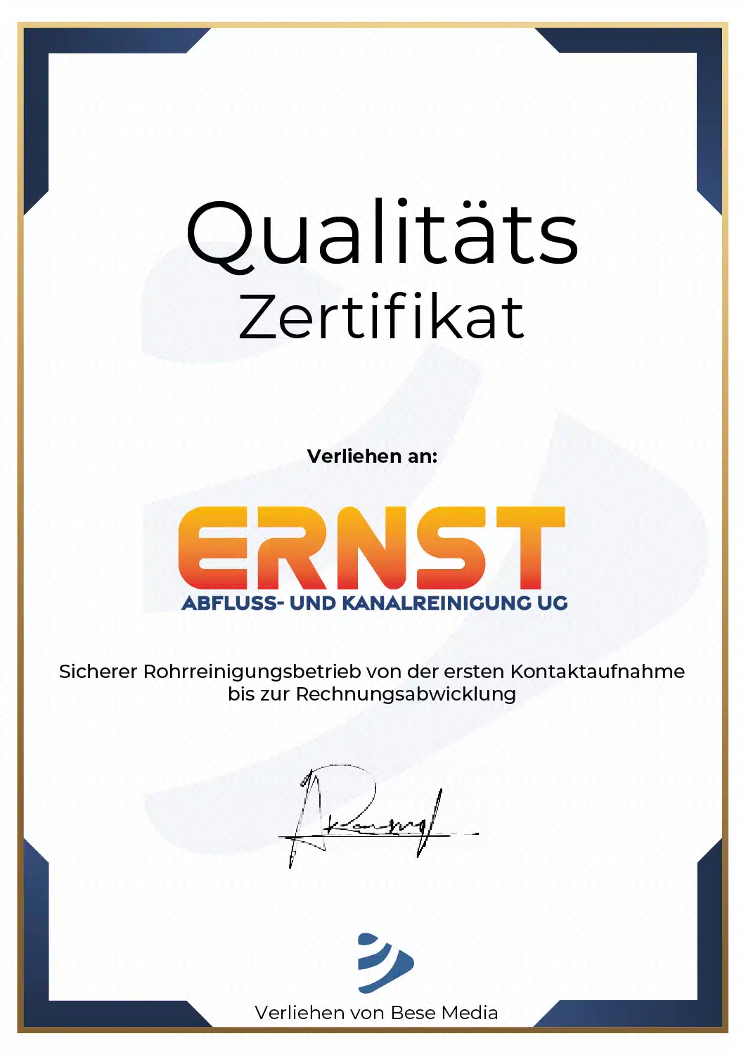 Zertifikat der Ernst Abfluss- und Kanalreinigung UG